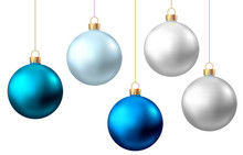 Realistic  Blue, Silver  Christmas  Balls  Isolated On White Background.