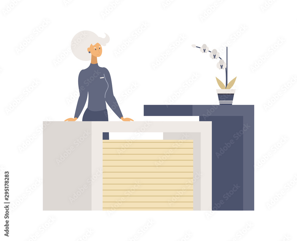 Register Reception Cartoon Registration table flat vector illustrations. Smiling young woman ...