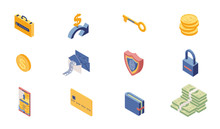 Private Account Access Icons Isometric Set. Online Banking, Security System Items Isolated On White Background. Money, Safe Locks, Transactions, Information Protection 3d Illustrations Pack