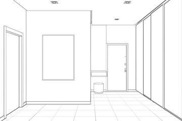 Sketch of modern entrance hall with mock up poster frame, wardrobe, pouf, and doors. Front view. 3d illustration.