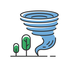 Poster - Tornado blue color icon. Twister. Cyclone. Natural disaster. Extreme weather condition. Destructive whirling wind. Atmospheric phenomenon. Storm spiral funnel and trees. Isolated vector illustration