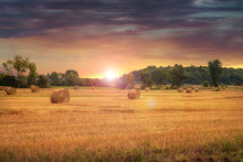 Field Of Freshly Bales Of Hay With Beautiful Sunset In Background. Beautiful Countryside Landscape.