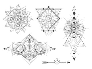 Vector set of Sacred geometric symbols and figures on white background. Abstract mystic signs collection. Black linear shapes.