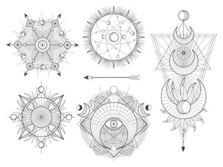 Wall Mural - vector set of sacred geometric symbols and figures on white background. abstract mystic signs collec