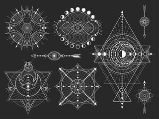 Wall Mural - vector set of sacred geometric symbols and figures on black background. abstract mystic signs collec