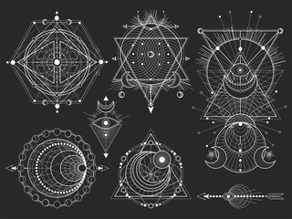 Wall Mural - Vector set of Sacred geometric symbols and figures on black background. Abstract mystic signs collection.