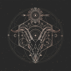 Wall Mural - Vector illustration with hand drawn Goat skull and Sacred geometric symbol on black vintage background. Abstract mystic sign.