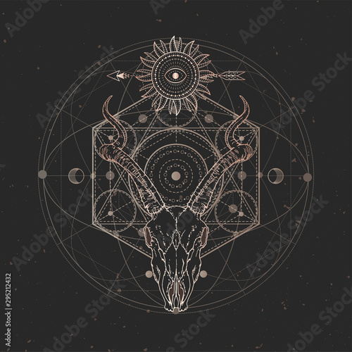 Fotomural Vector illustration with hand drawn Antelope skull and Sacred geometric symbol on black vintage background
