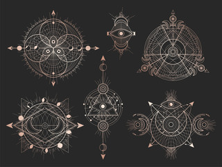 Wall Mural - vector set of sacred geometric symbols and figures on black background. abstract mystic signs collec