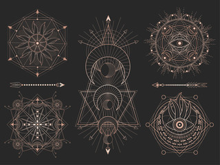Wall Mural - vector set of sacred geometric symbols and figures on black background. abstract mystic signs collec