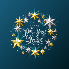 Canvas Print - Happy New Year Silver Golden Star on Blue Vector Illustration