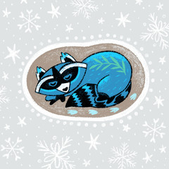 Wall Mural - Christmas wreath with slepping raccoon. Hand drawn cartoon illustration