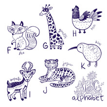 Cute Animal Alphabet Coloring Page. Funny Cartoon Animals - Fox, Giraffe, Hen, Impala, Jaguar And Kiwi