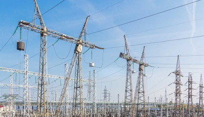 The main distribution unit of hydroelectric power plants against the sky