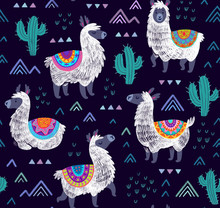 Endless Llamas Alpacas Background. Seamless Pattern With Llamas, Cactuses And Decorative Mountains.