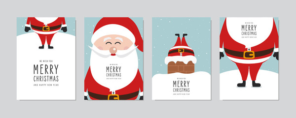 Sticker - Christmas card set. Merry Christmas and Happy New Year greeting with cute santa claus lettering vector.