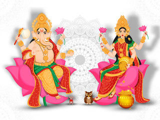 Wall Mural - goddess lakshmi and lord ganesha on lotus flower, rat with owl on mandala pattern background.