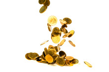 Movement Of Falling Gold Coin, Flying Coin, Rain Money Isolated On White Background, Business And Financial Wealth And Take Profit Concept.