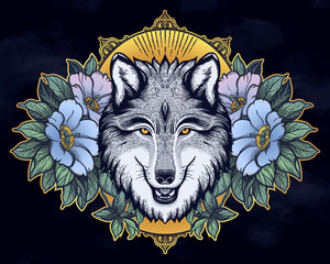 Wall Mural - Portrait of a wolf on a background of mountain landscape.Dreamy magic art. Night, nature, wicca symbol. Isolated vector illustration. Great outdoors, tattoo and t-shirt design.