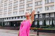© Andreshkova Nastya - Fashionable beautiful young blondie woman posing in trendy fashionable costume in pink colors. Beauty, fashuon, modeling concept