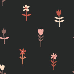 Tulips and chamomiles hand drawn seamless pattern. Decorative garden flowers on red background. Blooming plants with stems and leaves vector illustration. Textile, wallpaper design idea