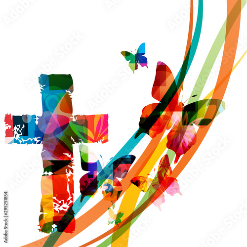 Cuadros en Lienzo Colorful christian cross with butterflies isolated vector illustration