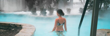 Winter Wellness Spa Resort Woman Swimming In Hot Spring Thermal Pools Bath At Luxury Health Center Panoramic Banner Background.