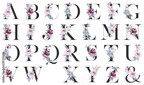 Naklejka litery na szybę  alfabet-kwiatowy-litery-z-akwarela-kwiatow-i-lisci-inicjaly-monogramu-idealnie