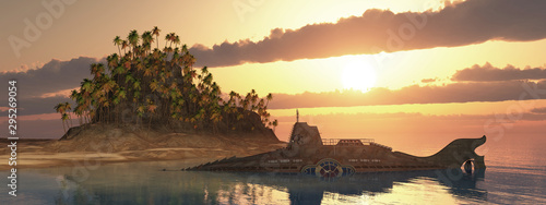 Fotomural Fantasie Unterseeboot und tropische Insel bei Sonnenuntergang