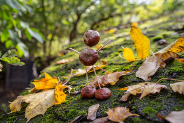 tinker little chestnut figures made of nuts and leaves in autumn background with falling leaves