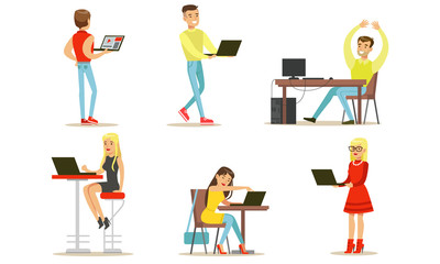 Sticker - People Using Laptop Computers Set, Young Men and Women Working, Communicating and Surfing Internet on their Computers Vector Illustration