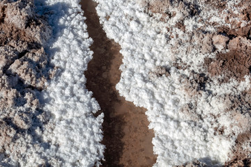 Salt crystals on the salty surface of desert close up. Natural background with copy space