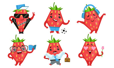 Sticker - Cute Strawberry Cartoon Character Set, Funny Fruit in Different Situations and Various Emotions Vector Illustration