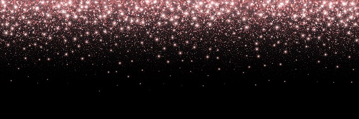 Rose gold glitter partickles isolated on black background. Pink backdrop shimmer effect for birthday cards, wedding invitations, Valentine's day templates etc. Falling sparkling confetti.