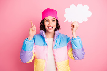 Sticker - Photo of amazing lady holding empty paper list in hand wear warm colored coat isolated pink background