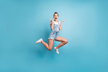 Sticker - Full length body size photo of delighted astonished amazed girl seeing something unbelievable while isolated with blue background