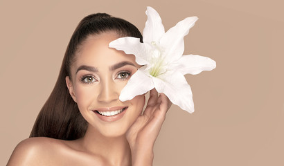 Wall Mural - pure beauty woman with white flower.