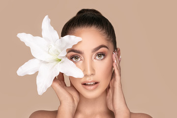 Wall Mural - pure beauty woman with white flower.