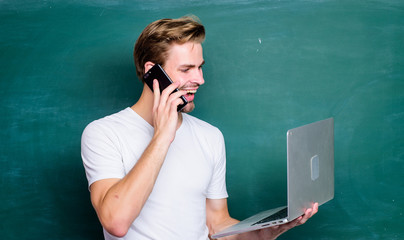 Wall Mural - Digital concept. Online communications. School teacher with laptop. Digital technology. Digital sciences. Programming web development. Advantage mobile internet. Handsome man use modern technologies