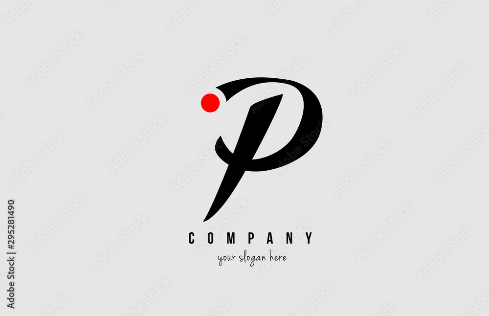 P black and white alphabet letter with red circle for company logo icon ...
