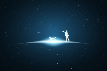 Poster - Girl trains dog in space. Vector conceptual illustration with white silhouettes of woman and running pet. Bue abstract background with stars and glowing outline