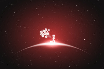Poster - Little girl with balloons in space. Vector conceptual illustration with white silhouettes of running child. Red abstract background with stars and glowing outline