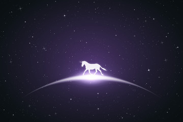 Poster - Running unicorn in space. Vector conceptual illustration with white silhouette of beautiful running horse. Violet abstract background with stars and glowing outline