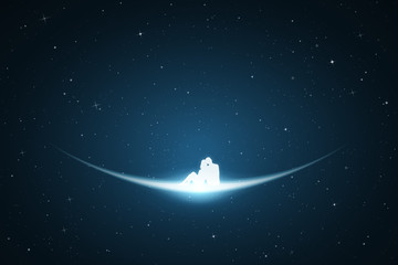 Sticker - Lovers sitting in space. Vector conceptual illustration with white silhouette of loving couple. Bue abstract background with stars and glowing outline