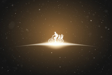 Poster - Father with children on bicycle in space. Vector conceptual illustration with white silhouette of family riding bike. Yellow abstract background with stars and glowing outline