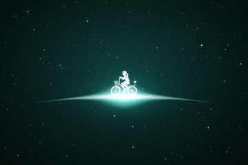 Poster - Girl on bike in space. Vector conceptual illustration with white silhouette of child on bicycle. Emerald abstract background with stars and glowing outline