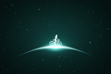 Poster - Lonely girl on bicycle in space. Vector conceptual illustration with white silhouette of cyclist. Emerald abstract background with stars and glowing outline