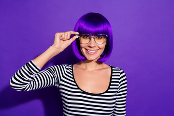 Poster - Photo of beautiful lady touch hand new specs glad good sight wear wig striped pullover isolated purple background