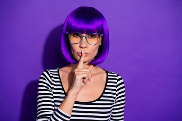 Poster - Closeup photo of amazing exotic appearance lady asking shut up wear striped pullover isolated purple background