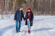 © Tatyana_Andreyeva - Handsome man and attractive young woman walking along snowy country road in sunny day. Beautiful look, male and female fashion, winter outfit. Winter holidays, weekend at countryside concept